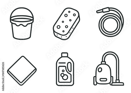 Cleaning tools icons: bucket, sponge, hose, cloth, detergent, vacuum on dark background