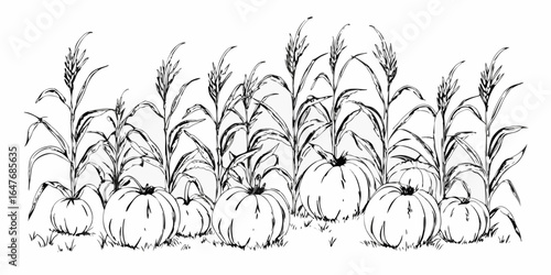 Vector illustration depicting a field with pumpkins and corn stalks in a black and white drawing style