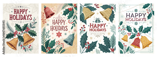 A festive collection of holiday cards featuring bells, holly, and seasonal greetings.