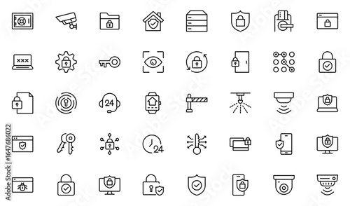 Security line icon set. elements such as shield, lock, password, surveillance camera, firewall, encryption, fingerprint, antivirus, and secure access.