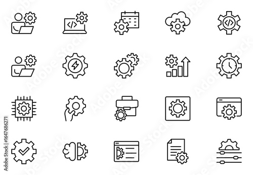 Settings line icon set. Containing options, configuration, preferences, adjustments, gear, control panel, equalizer, management, optimization and more icons. Vector illustration. editable stroke
