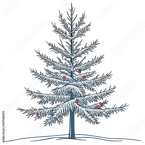 A frozen evergreen decorated for Christmas. This unique and beautiful image is perfect for winter-themed holiday designs, capturing the magic of a cold and serene season.