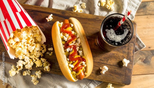 Gourmet Hot Dog with Cheese, Relish, and Popcorn