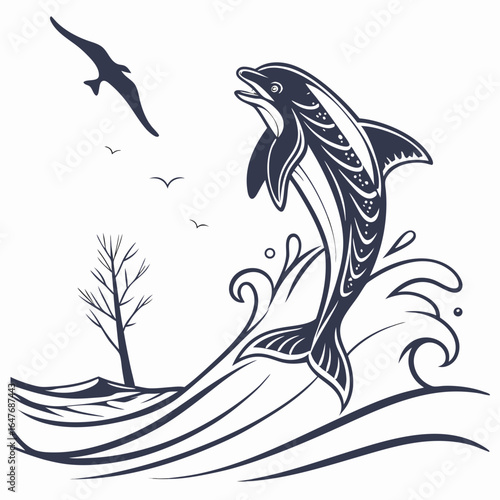 Leaping dolphin and soaring bird ocean waves
