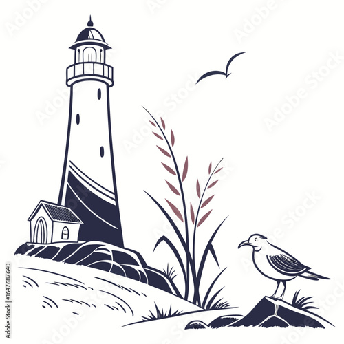 Lighthouse coastal scene with bird and reeds vector