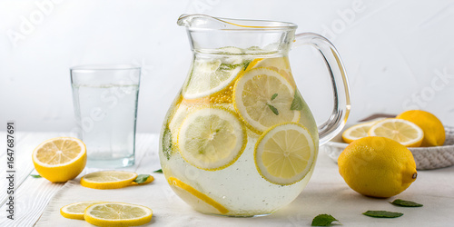 Transparent jug with lemon water isolated on white background for fresh and vibrant kitchen style