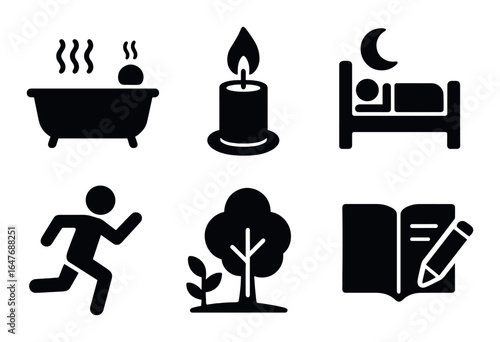 Monochrome icons: bath, candle, sleep, running, tree, writing