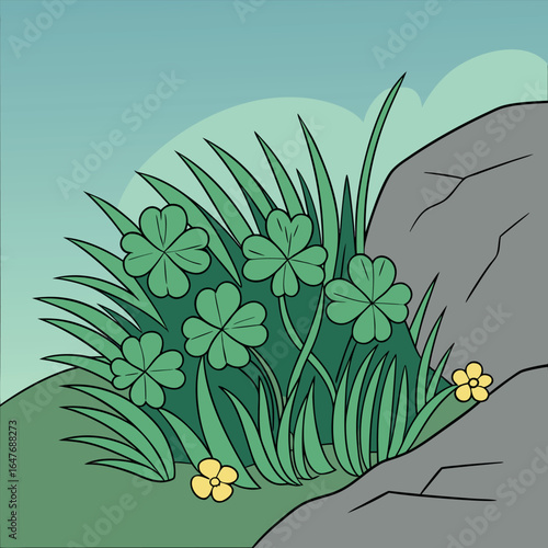 Cartoon four leaf clover patches and yellow flowers grow next to a gray rock