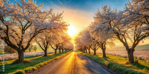 Golden Hour Serenity A picturesque road lined with blossoming trees, bathed in the warm glow of the setting sun, creating a tranquil and idyllic springtime scene.