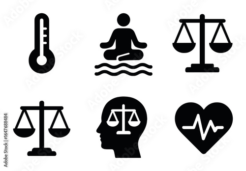 Black silhouette icons: thermometer, meditation, justice scales, heartbeat, and mind balance