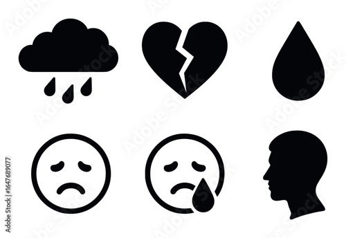 Collection of emotional black icons: rain, broken heart, tear, sad face, human profile