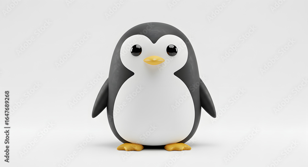 Fototapeta premium Adorable 3D rendered cartoon penguin character standing on a clean white studio background. Cute and stylized flightless bird toy illustration