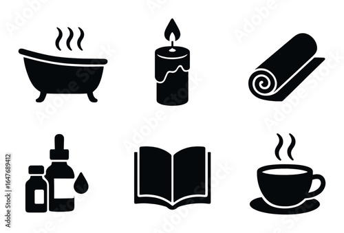 Relaxation symbols: bath, candle, yoga mat, essential oils, book, coffee