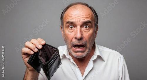 Shocked funny portrait of a broke man with an empty wallet, reacting to bankruptcy with disbelief.