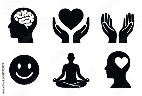 Silhouette icons of mindfulness and emotion: brain, heart, hands, smile, meditation