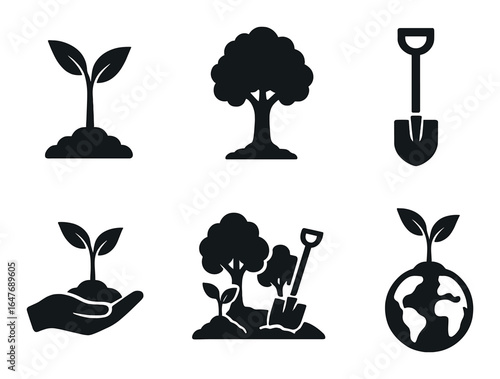 Eco-friendly gardening icons: plants, trees, shovel, hand, earth