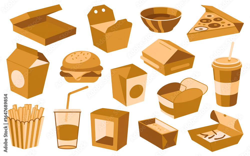 A collection of 15 different food packaging items arranged on a white background. A collection of 15 different food packaging items arranged on a white background.