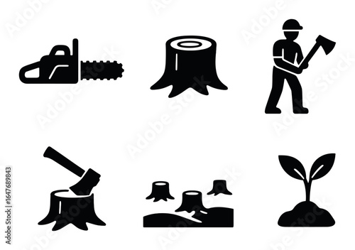 Icons of forestry: chainsaw, stump, lumberjack, ax, tree stump, sapling growth