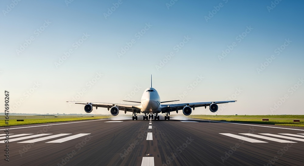 Obraz premium A large passenger airplane is landing on a runway under a clear blue sky, viewed from the front.