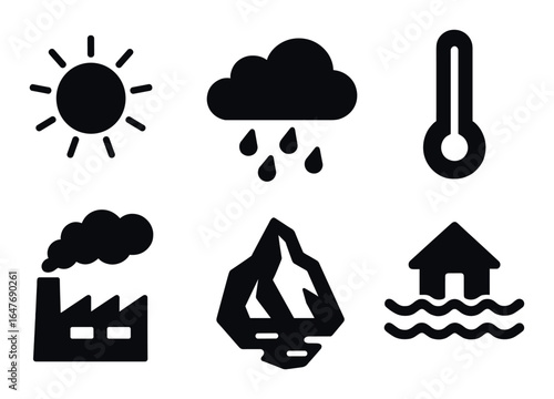 Environmental icons: sun, cloud, thermometer, factory, iceberg, flood on dark background
