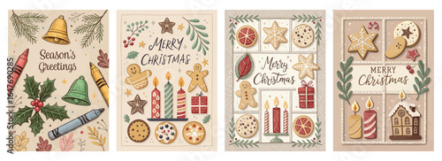 Colorful holiday cards featuring festive designs, including cookies and candles for Christmas cheer.