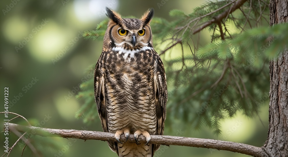 Obraz premium Stunning portrait of a Great Horned Owl showcasing this powerful nocturnal predator in magnificent detail. 