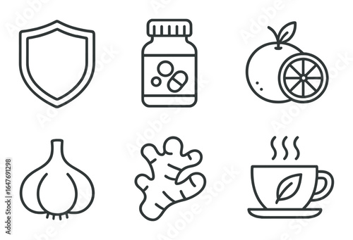 Icons illustrating immunity boosting foods and supplements on dark background
