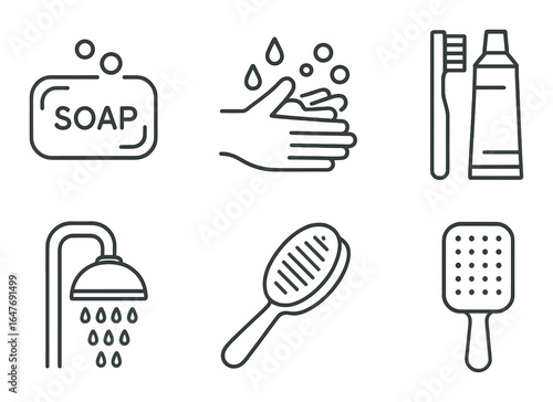 Icons of soap, handwashing, toothpaste, shower, brush, hairbrush on dark background