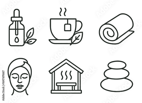 Relaxation icons set: essential oil, tea, yoga mat, spa, sauna, massage stones