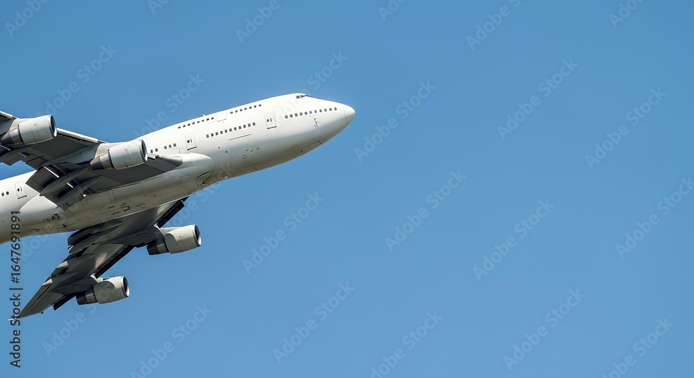 Obraz premium A large, white passenger airplane soars into a clear, cloudless blue sky, viewed from a low angle.