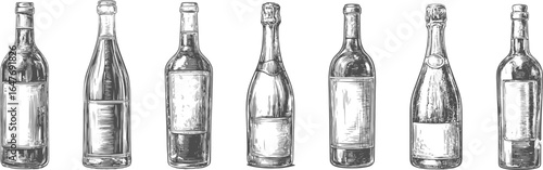 Set illustrations of wine bottle isolated on transparent background. Vector graphics