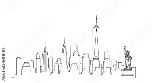 New York City skyline illustration featuring iconic landmarks and the Statue of Liberty on a transparent background