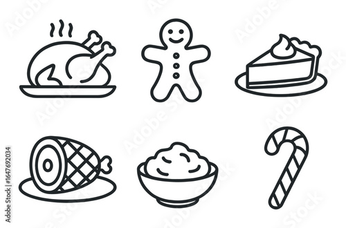 Monochrome holiday icons: turkey, gingerbread man, pie, ham, mashed potatoes, candy cane