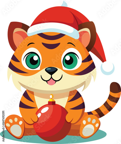 Adorable tiger cub wearing santa hat holding a festive christmas ornament