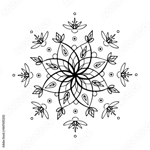 Beautiful hand drawn illustration of mandala line art, New Year or Christmas snowflake, Decorative vector circular ornament for Buddhism, yoga, Eastern mysticism theme designs, festive tattoos
