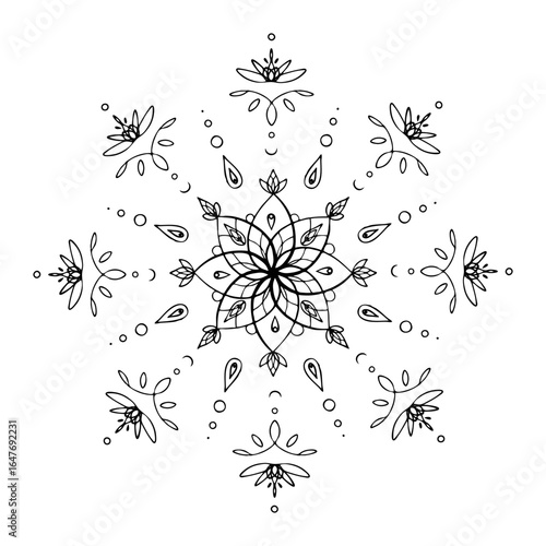 Beautiful hand drawn illustration of mandala line art, New Year or Christmas snowflake, Decorative vector circular ornament for Buddhism, yoga, Eastern mysticism theme designs, festive tattoos