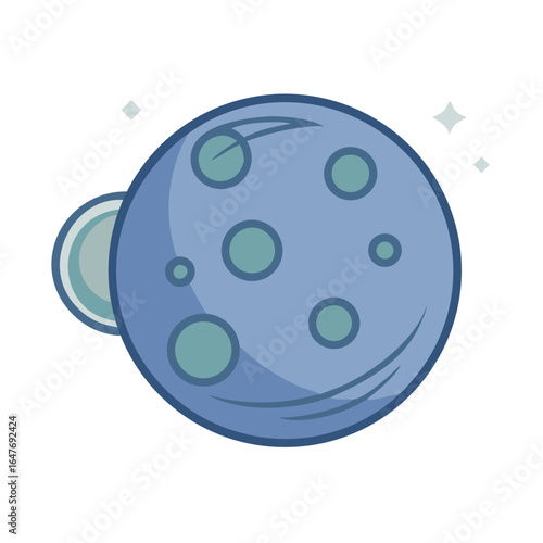 Cartoon style planet with craters and a moon, glowing stars effect