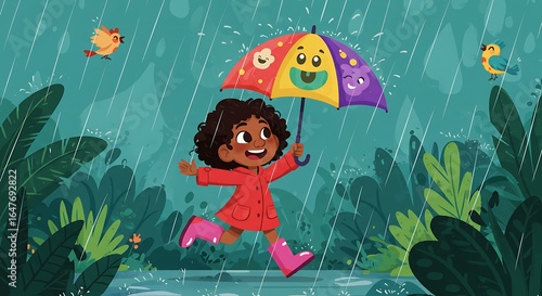 Girl run under colorful umbrella in rain cartoon vector illustration