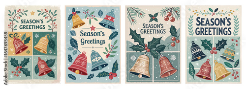 A festive collection of seasonal greeting cards featuring colorful bells and holly, celebrating the holidays.