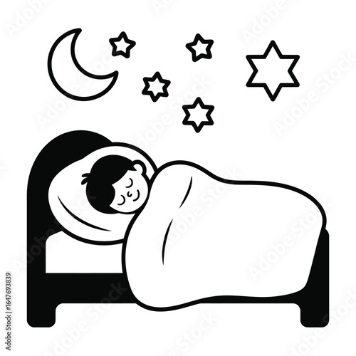 Child sleeping peacefully in bed under a starry night sky