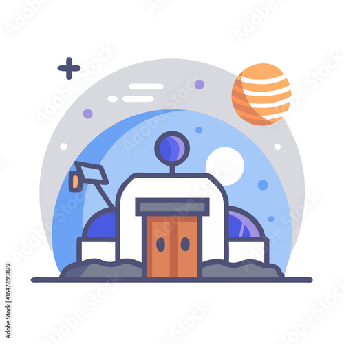 A Cartoon Style Depiction of a Lunar Base, with Earth Showing