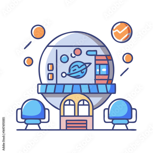 A playful planetarium setup with space exploration theme and comfortable seating