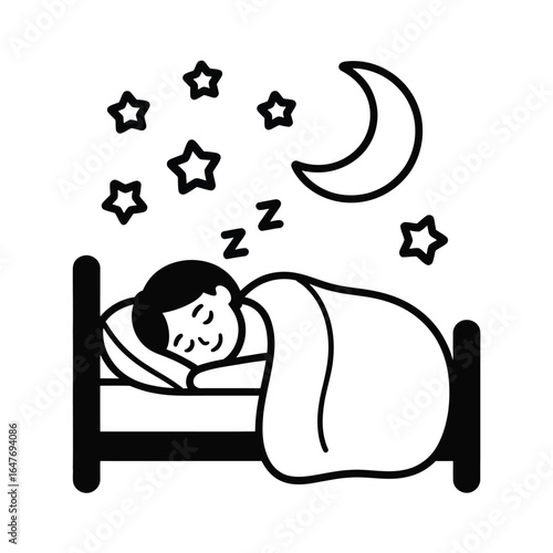 Child sleeping peacefully in bed under a starry night sky with a crescent moon