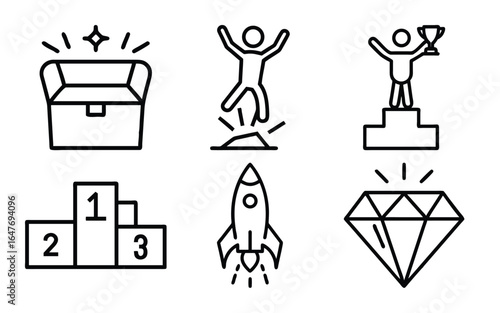 A set of six simple line art icons depicting a treasure chest, a jumping person, a trophy winner, a podium, a rocket, and a diamond.