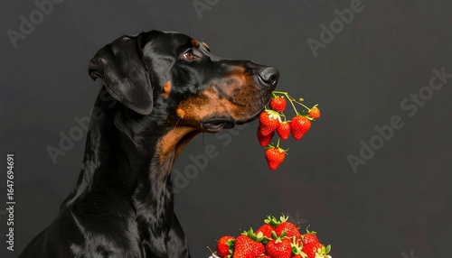 Black dog with strawberries