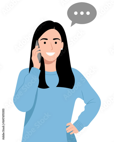 Cheerful Woman Talking on Phone with Speech Bubble and Dots for Communication Concept