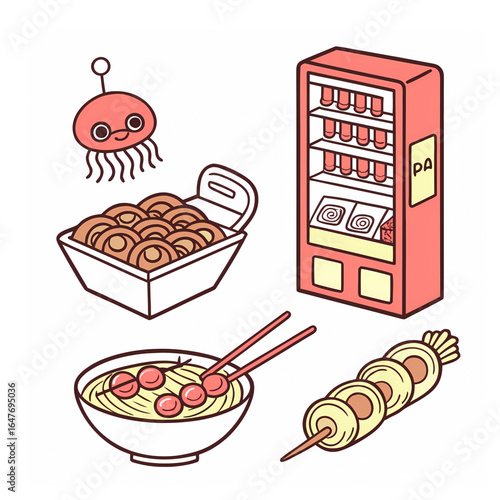 An illustrated collection of popular Japanese street foods and a vending machine. The charming, cartoon-style vector art