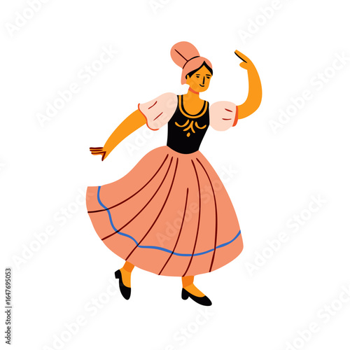 A traditionally dressed woman performs a folk dance with grace and style