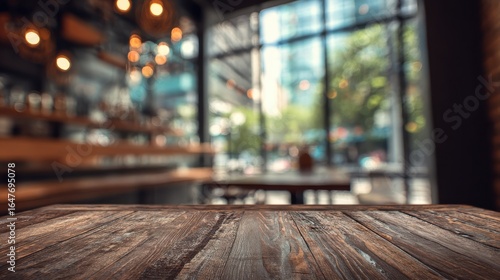 Wallpaper Mural abstract blurry restaurant interior background with empty wooden table mock up no logos no brands ar 169 Torontodigital.ca