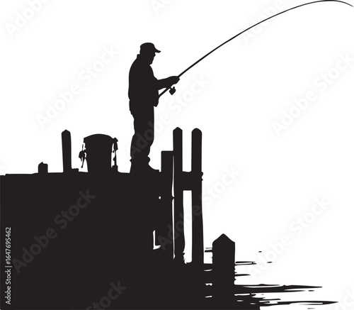 Silhouette of a man fishing from a dock water